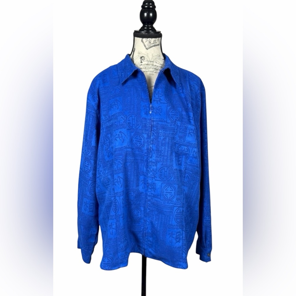 Chico's Designs Rich Blue Patterned Zipper Front Top Front Pockets Size 3